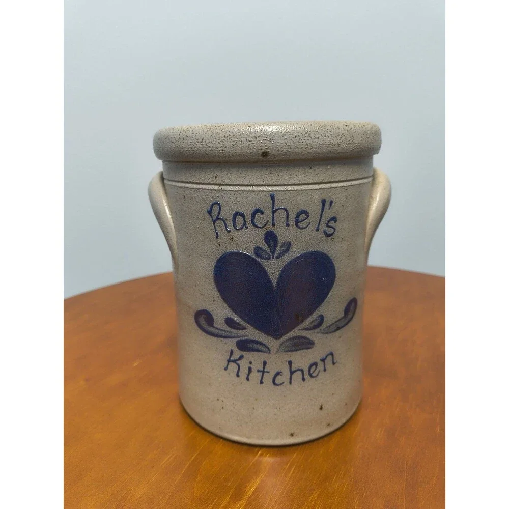 1993 Rockdale Union Stoneware 6 Inch Rachels Kitchen Cobalt Blue Heart Crock